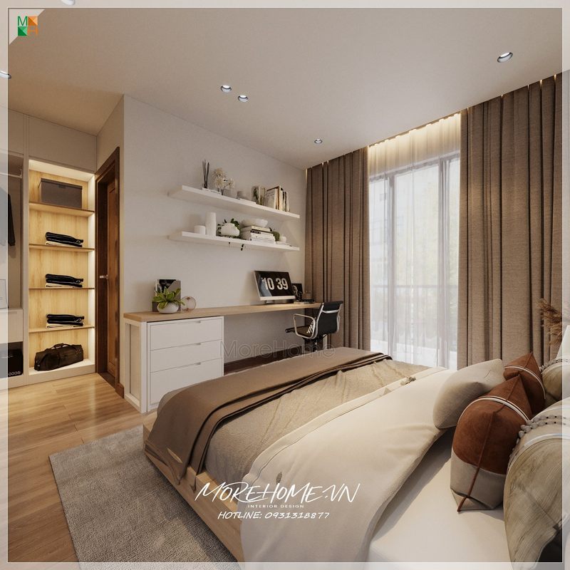 Chiếc giường ngủ bọc nệm êm ái tạo cảm giác dễ chịu khi sử dụng và ấm cúng mỗi khi bước chân vào căn phòng. Có thể nói chiếc giường là điểm nhấn chính giúp tô điểm thêm giá trị thẩm mỹ cho căn phòng.